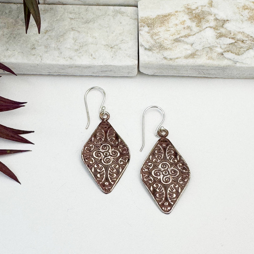Handcrafted Silver Patina Burgundy Floral Earrings