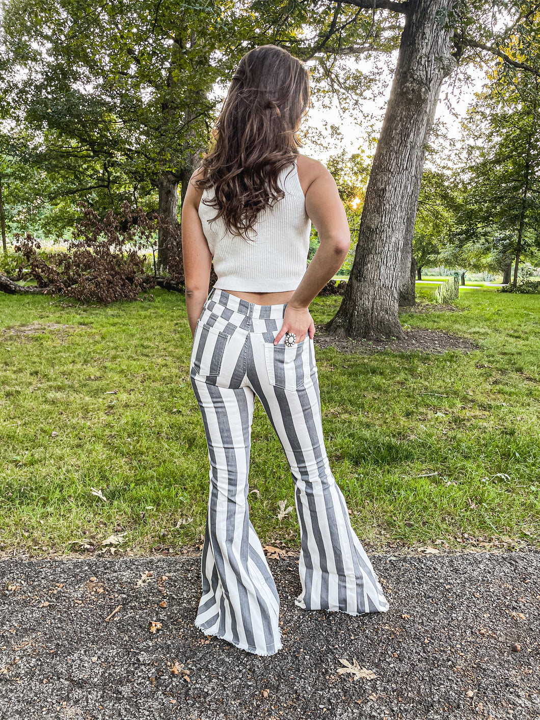 Hide the Matches - Striped Denim Flares (Charcoal)