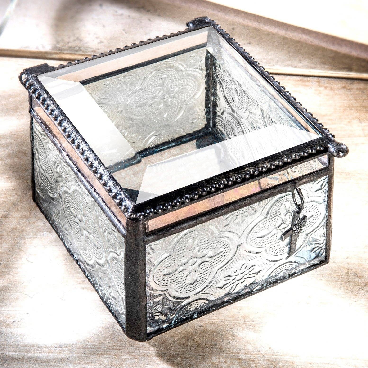 Vintage Glass Box with Cross Charm