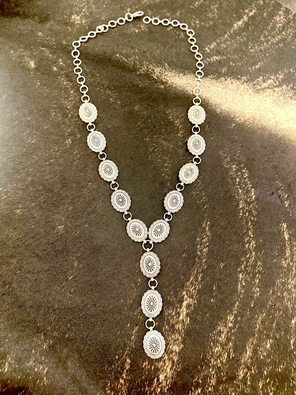 Battle Up the Hill 35'' Silver Concho Necklace