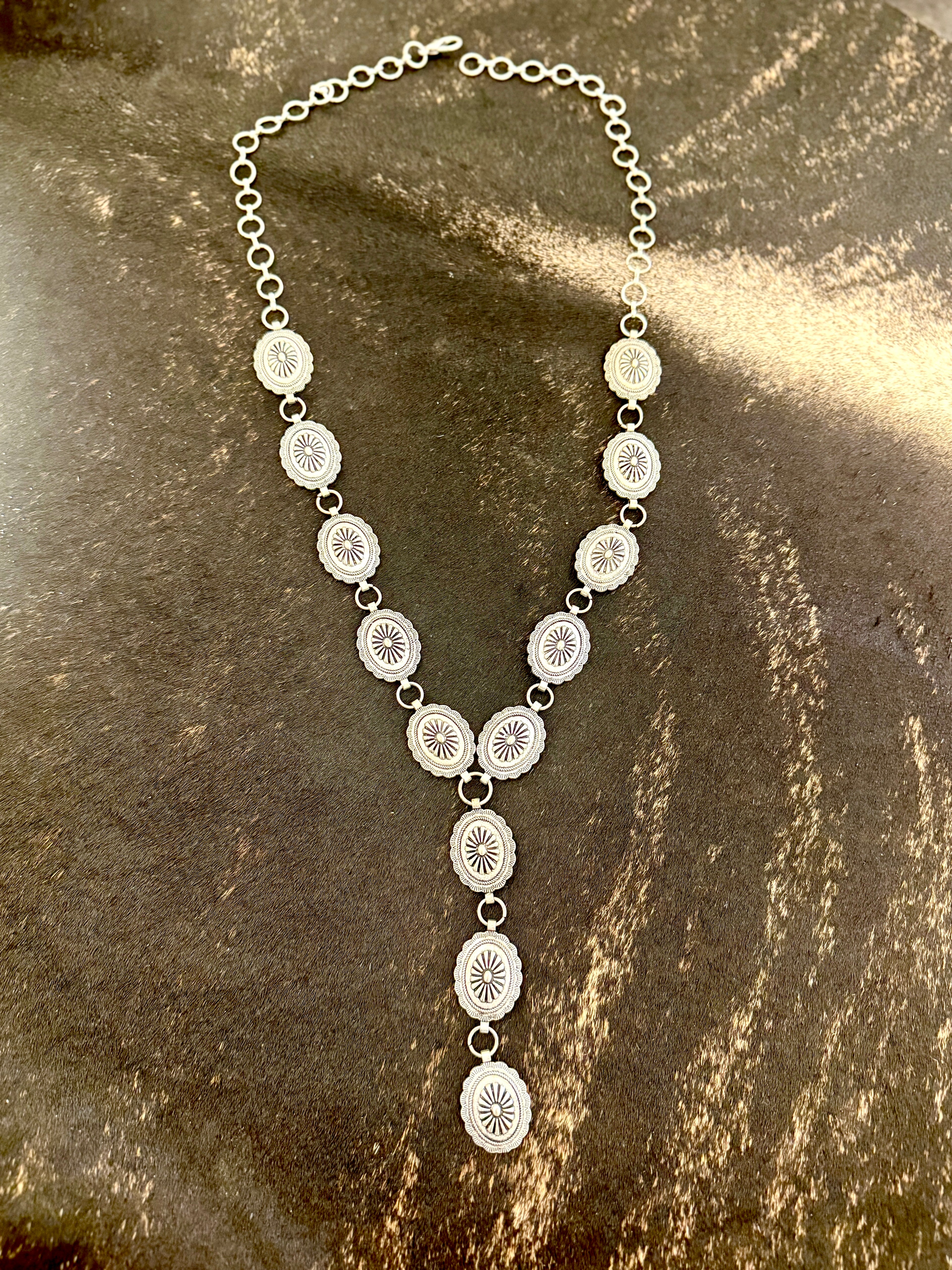 Battle Up the Hill 35'' Silver Concho Necklace