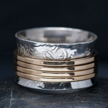 Load image into Gallery viewer, Back to Eden Etched Sterling Silver Spinner Ring w/ Brass Bands
