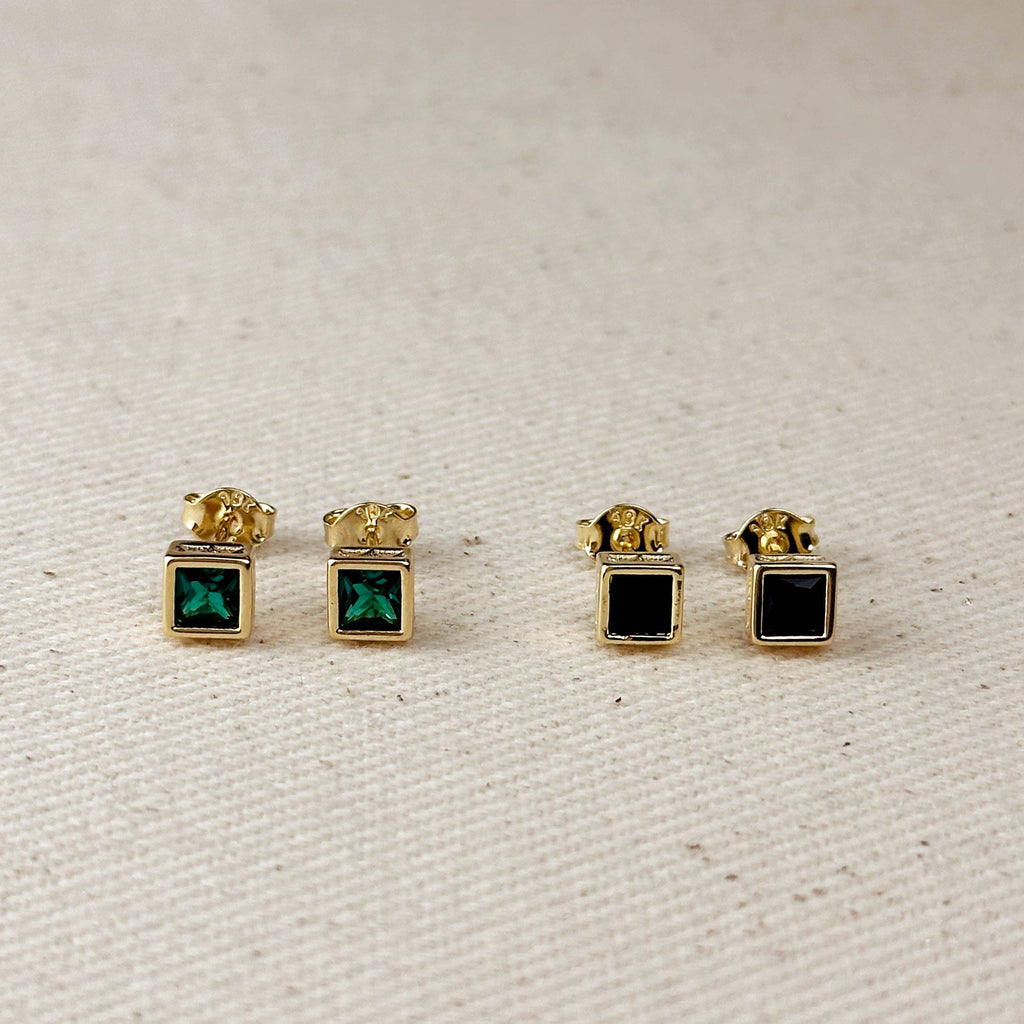 18k Gold Filled Colored Square Stud Earring With Detailed Bezel