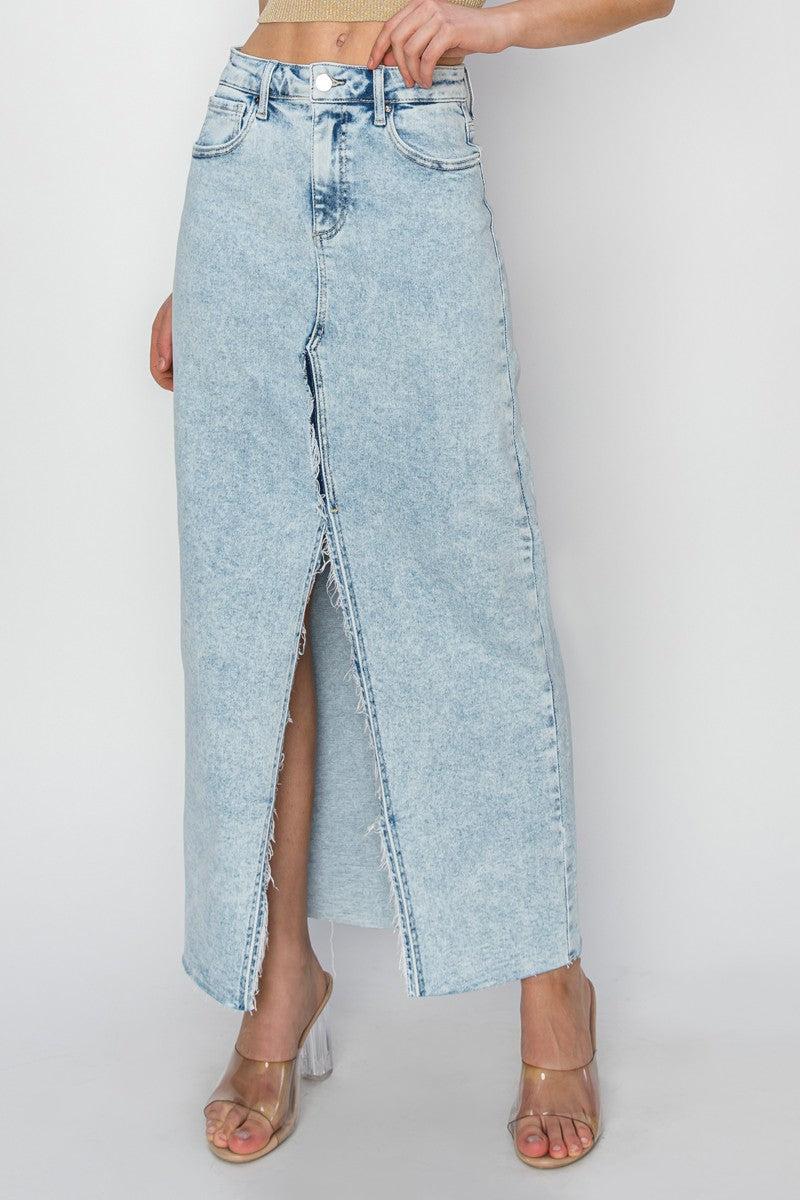 Stupid Cupid High Rise Crossover Maxi Denim Skirt