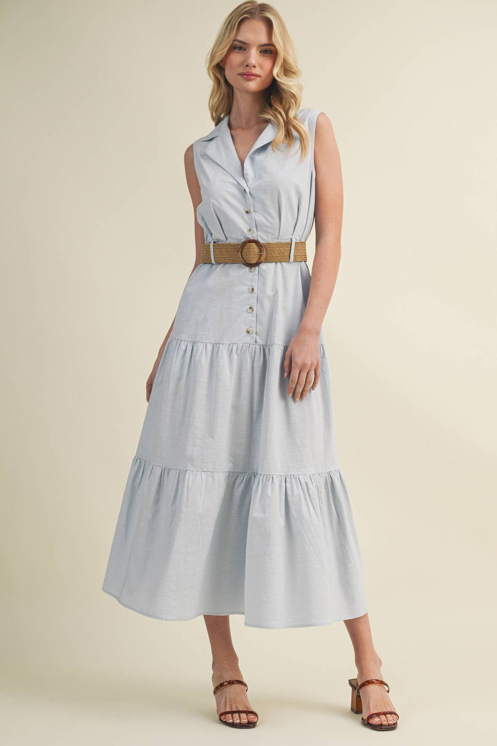 Collared Sleeveless Tiered Midi Shirtdress with Belt