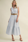 Collared Sleeveless Tiered Midi Shirtdress with Belt