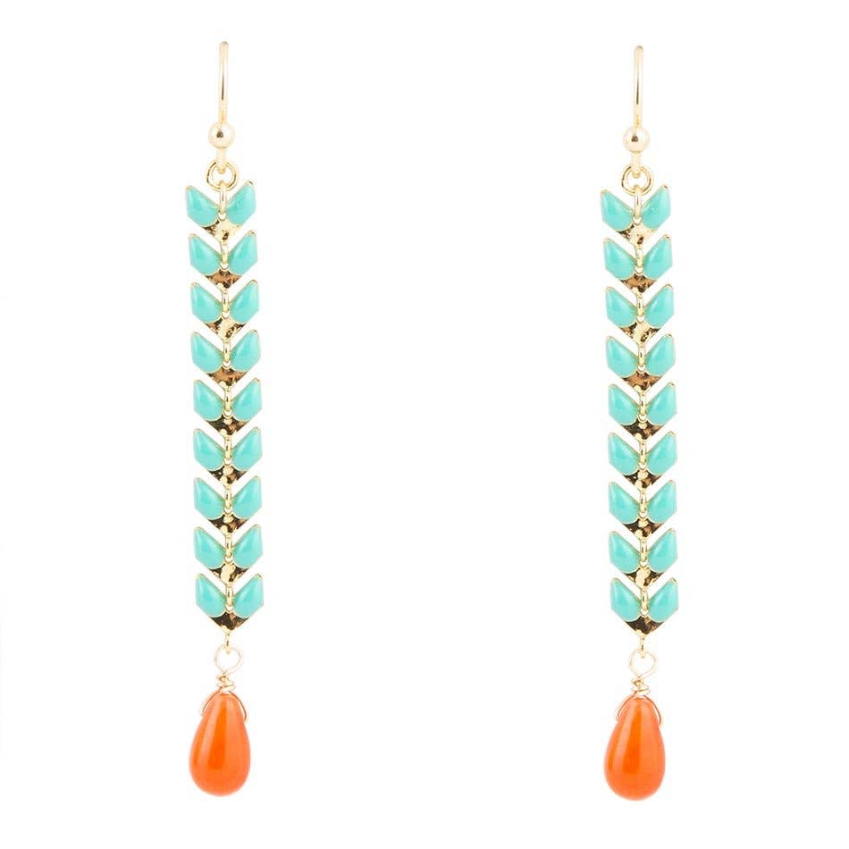 Mandy Turquoise Chevron and Peach Linear Golden Earrings