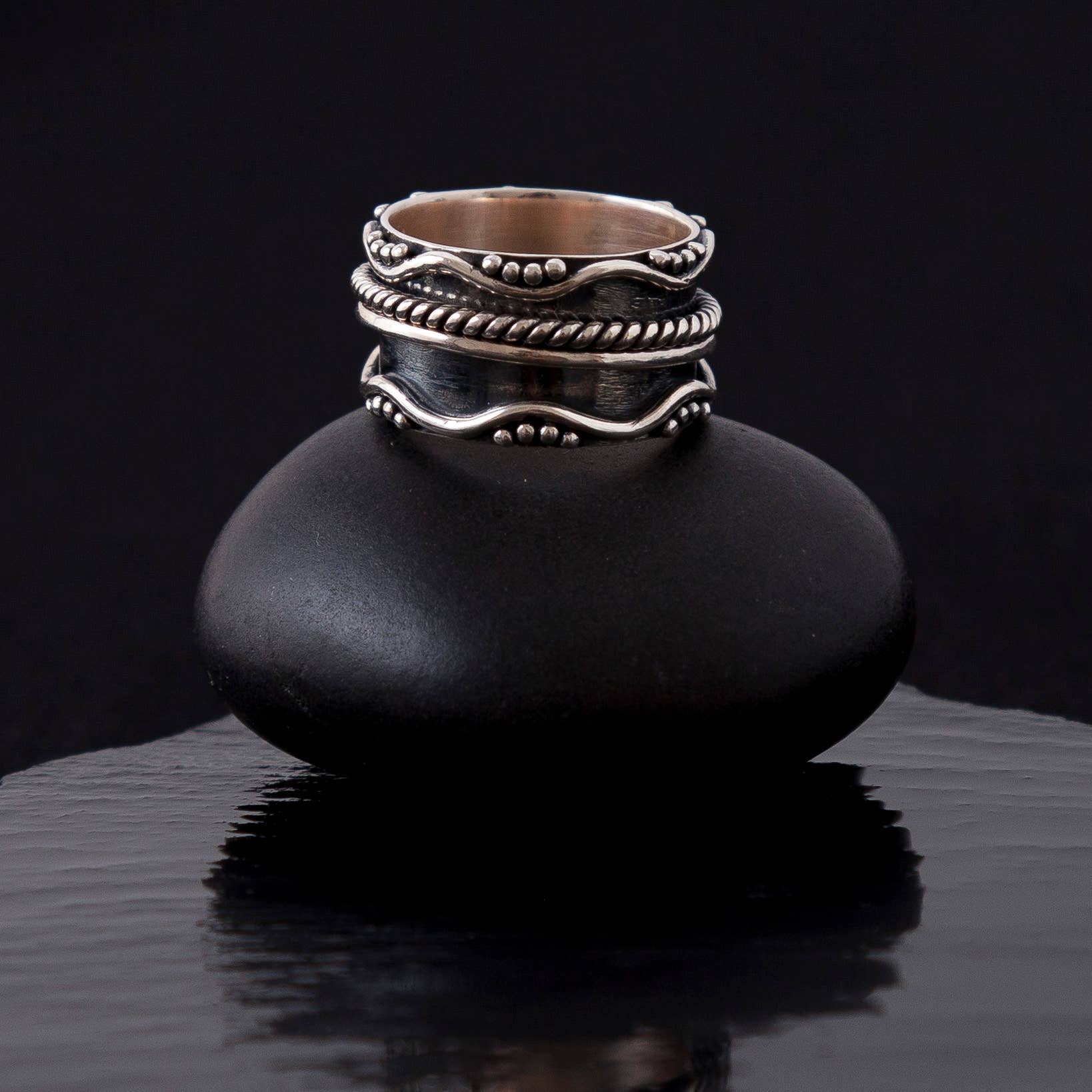 Blue on Black Oxidized Sterling Silver Spinner Ring w/ Turquoise