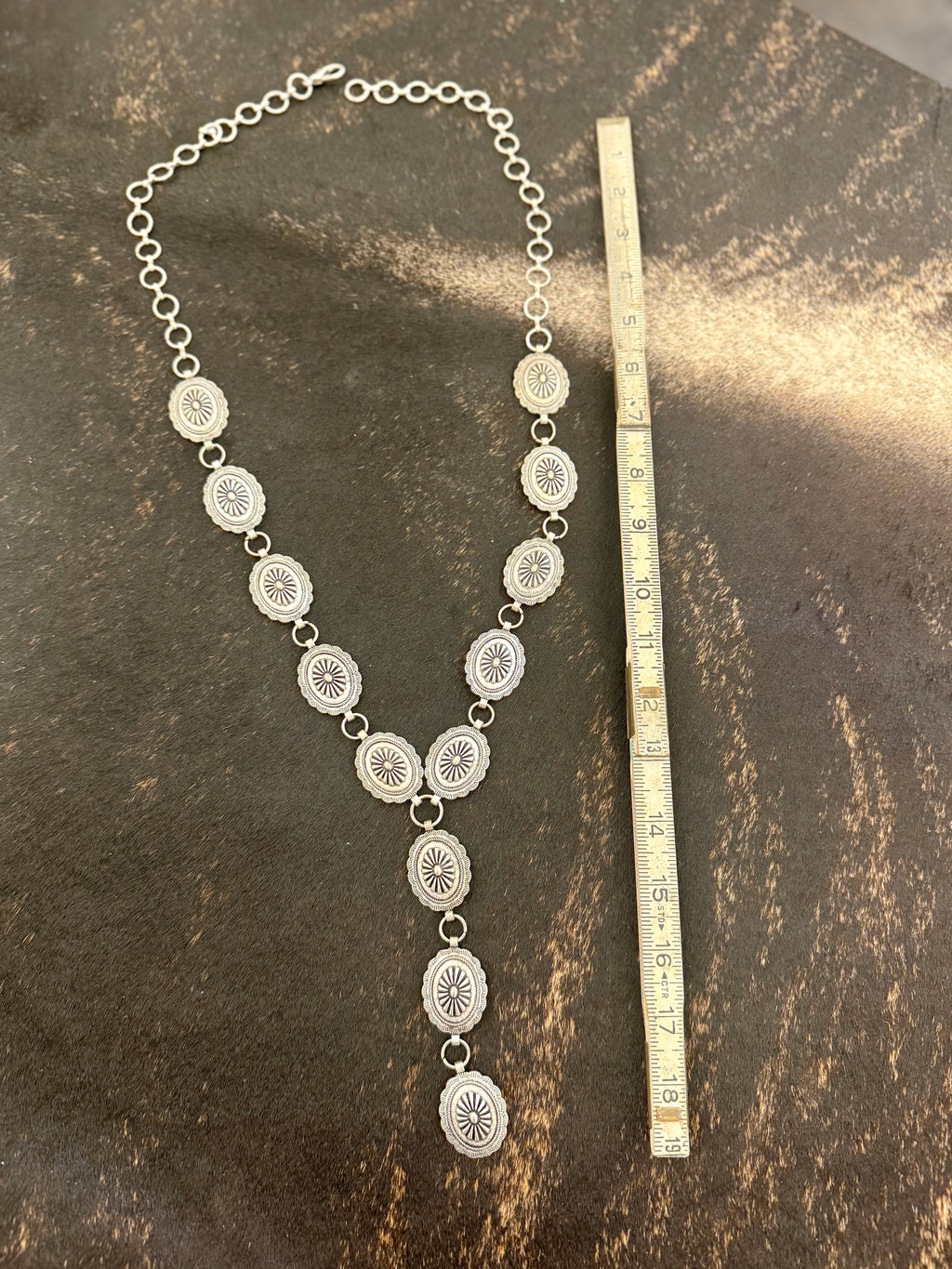 Battle Up the Hill 35'' Silver Concho Necklace