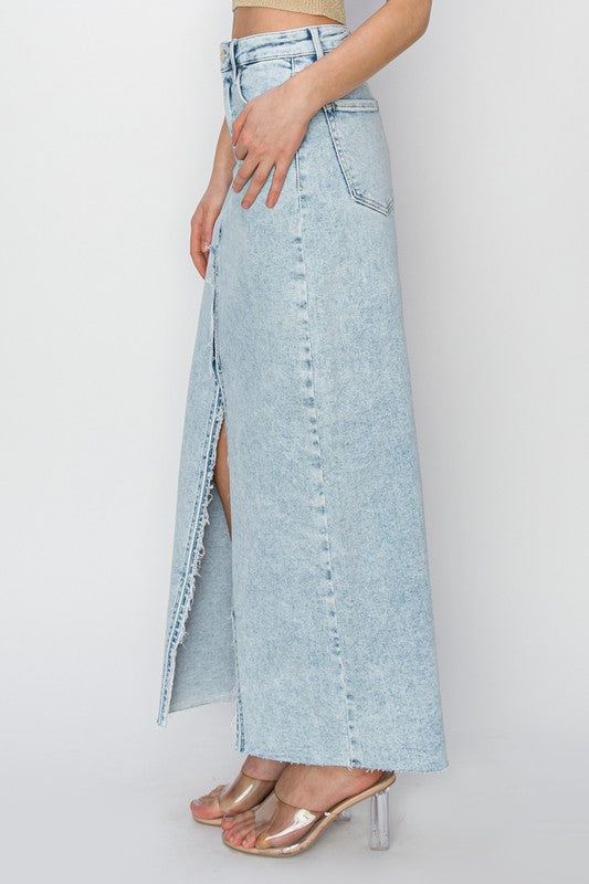 Stupid Cupid High Rise Crossover Maxi Denim Skirt