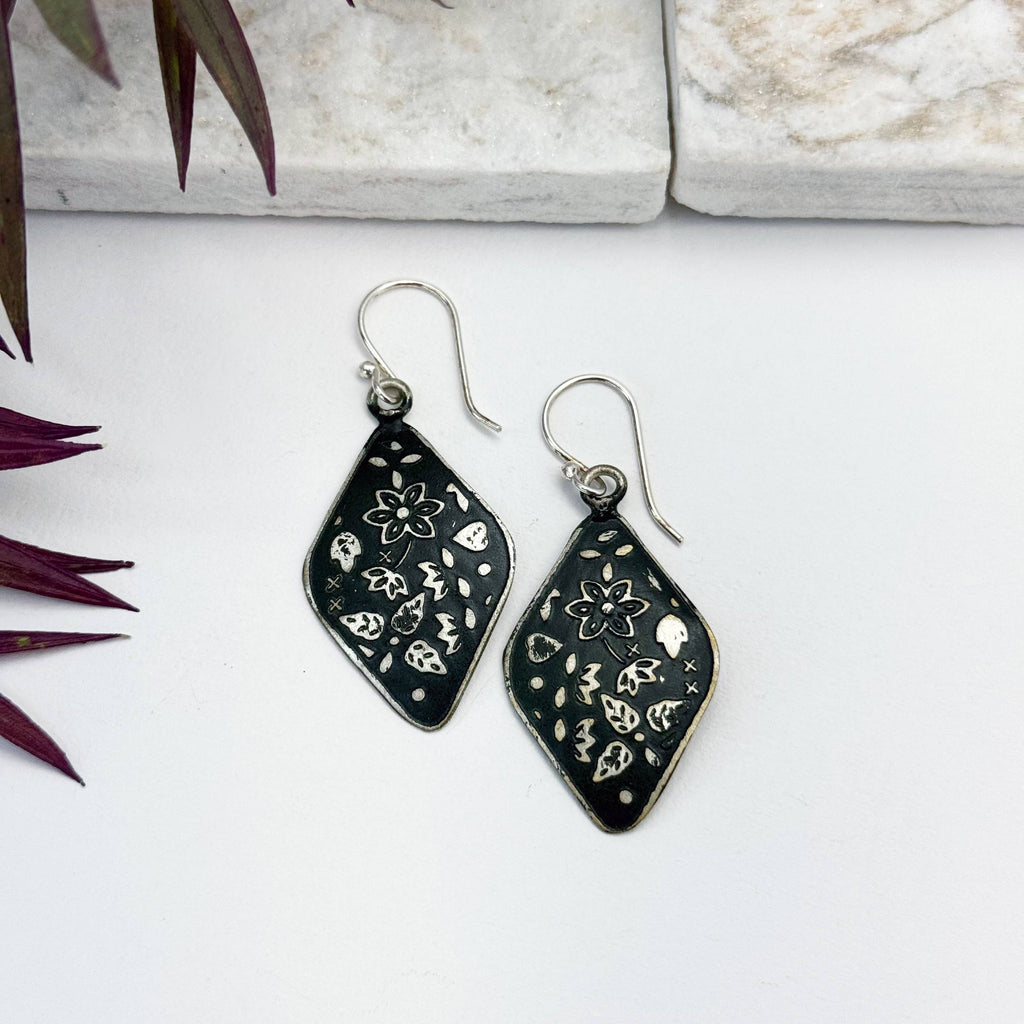 Handcrafted Silver Patina Black Vine Earrings