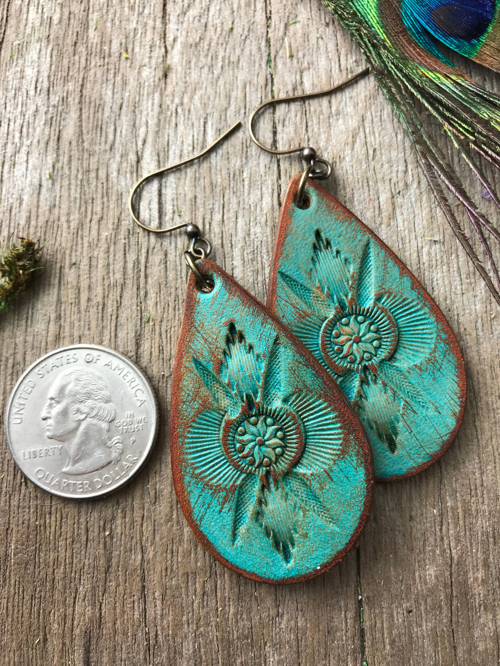 Fighting Uphill Turquoise Leather Teardrop Earrings
