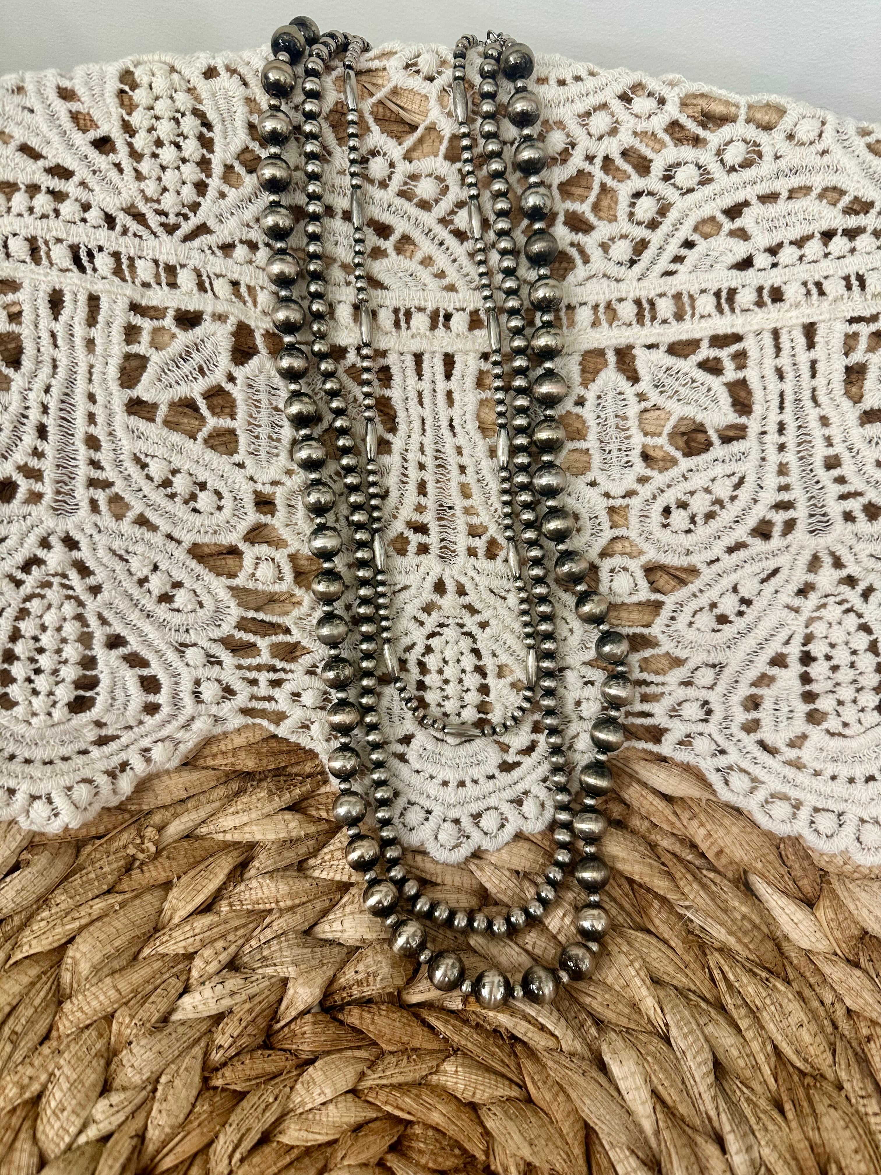 Triple Silver Navajo Bead Necklace