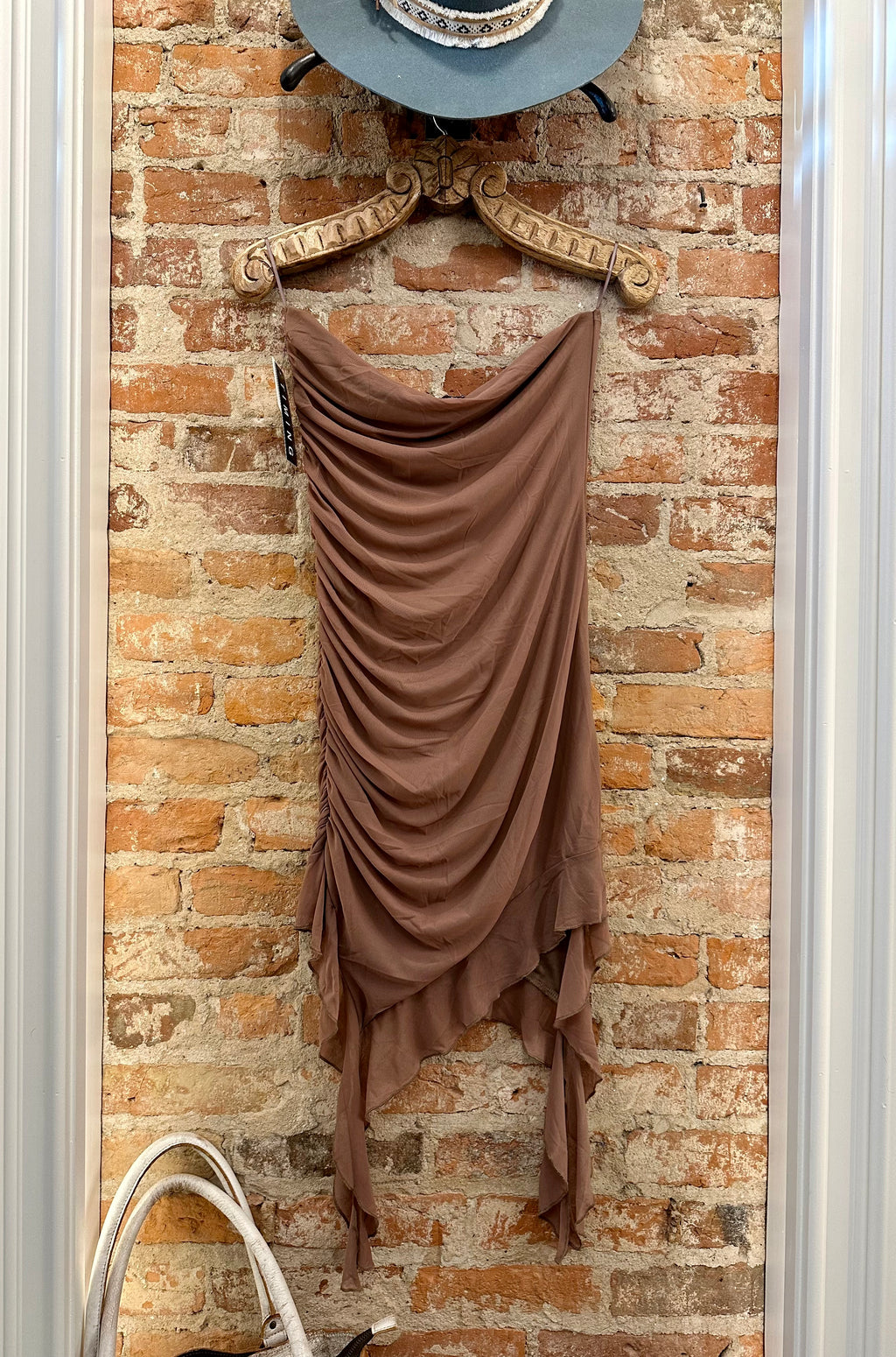 Mocha Tulum Asymmetrical Mesh Dress