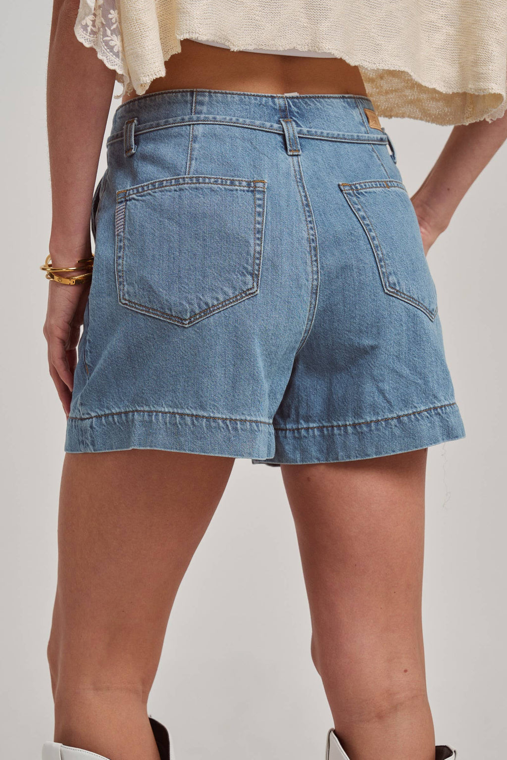 High Rise Denim Shorts with Trouser Pocket Detail