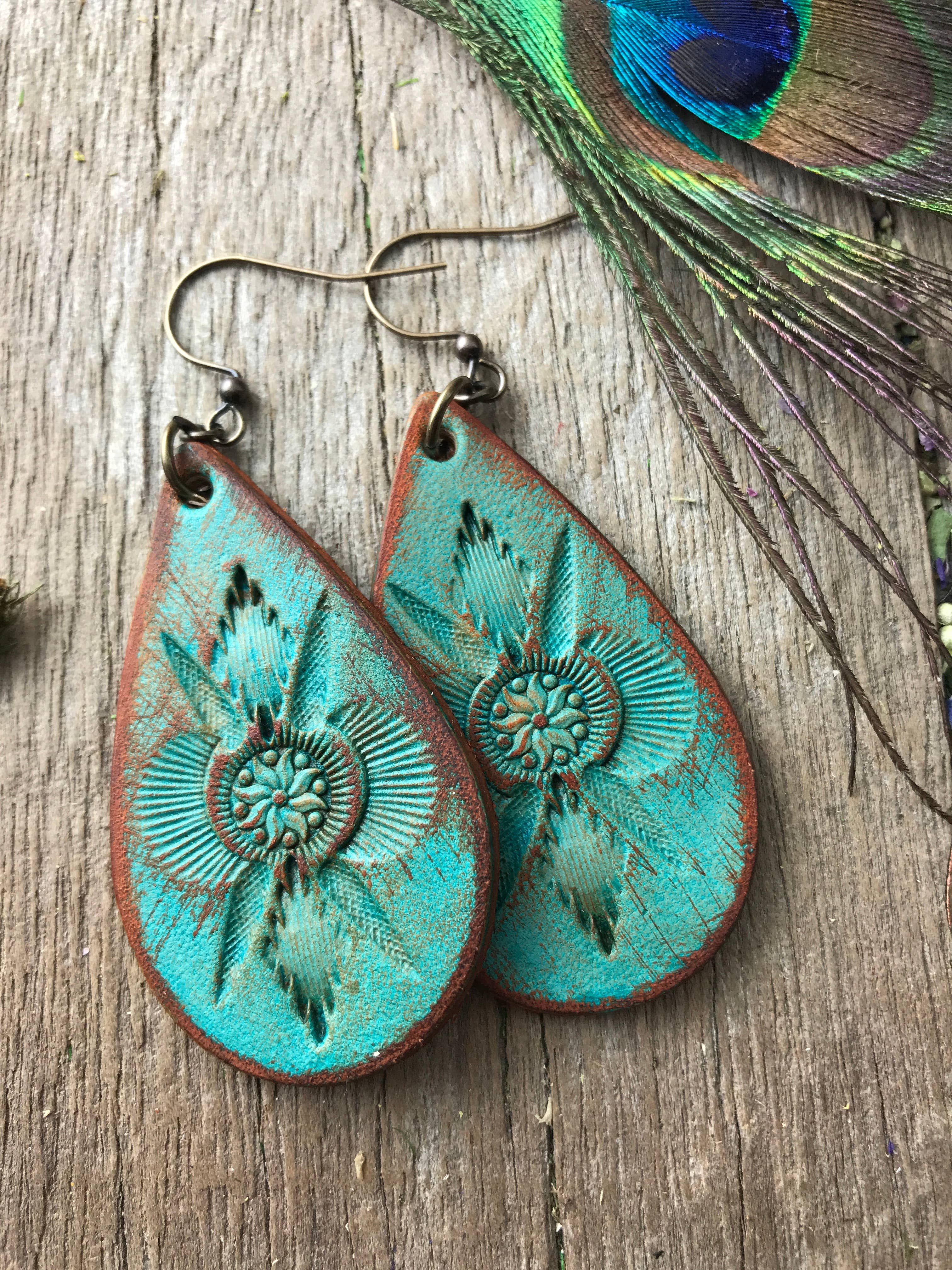 Fighting Uphill Turquoise Leather Teardrop Earrings