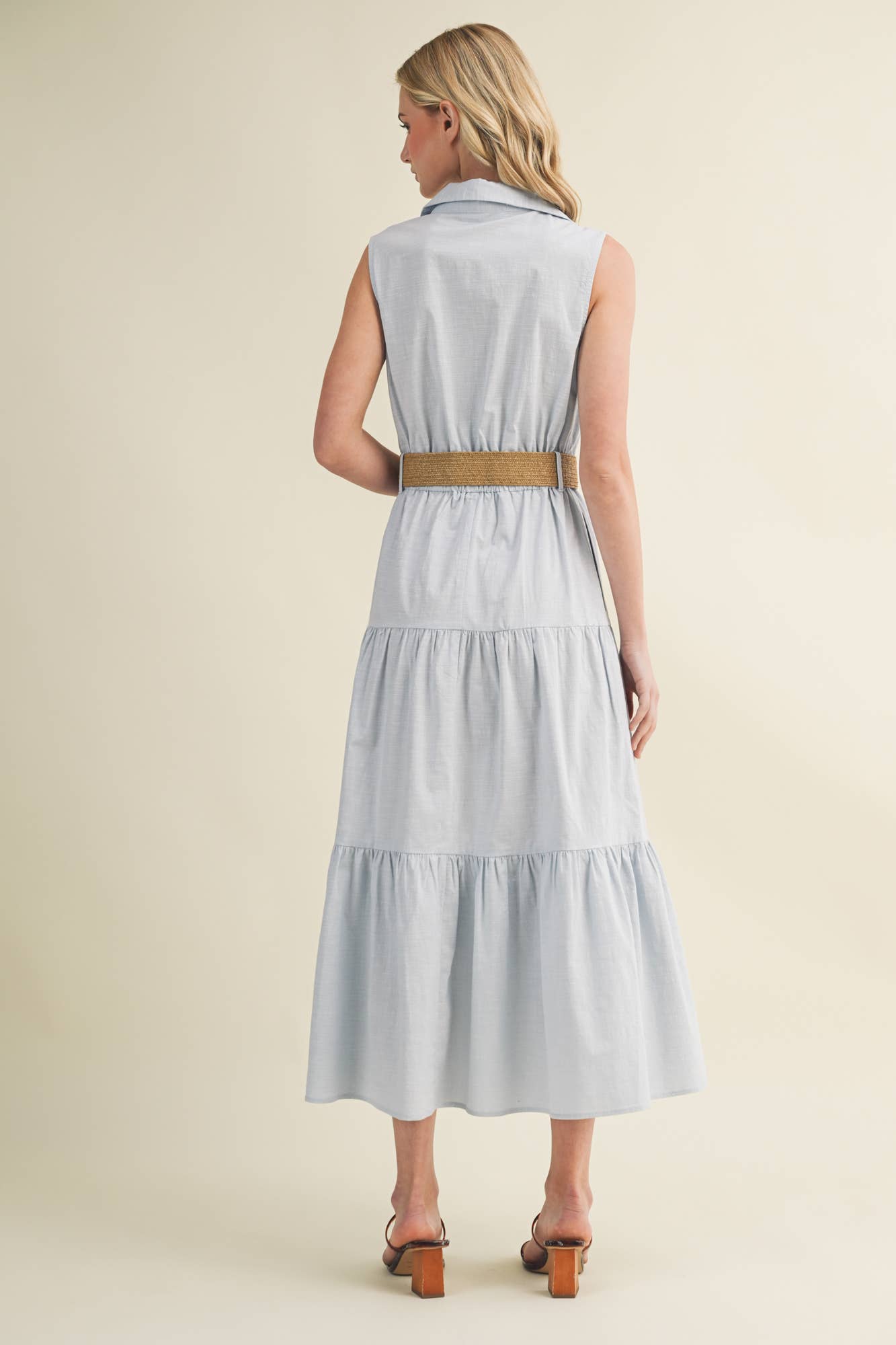 Collared Sleeveless Tiered Midi Shirtdress with Belt