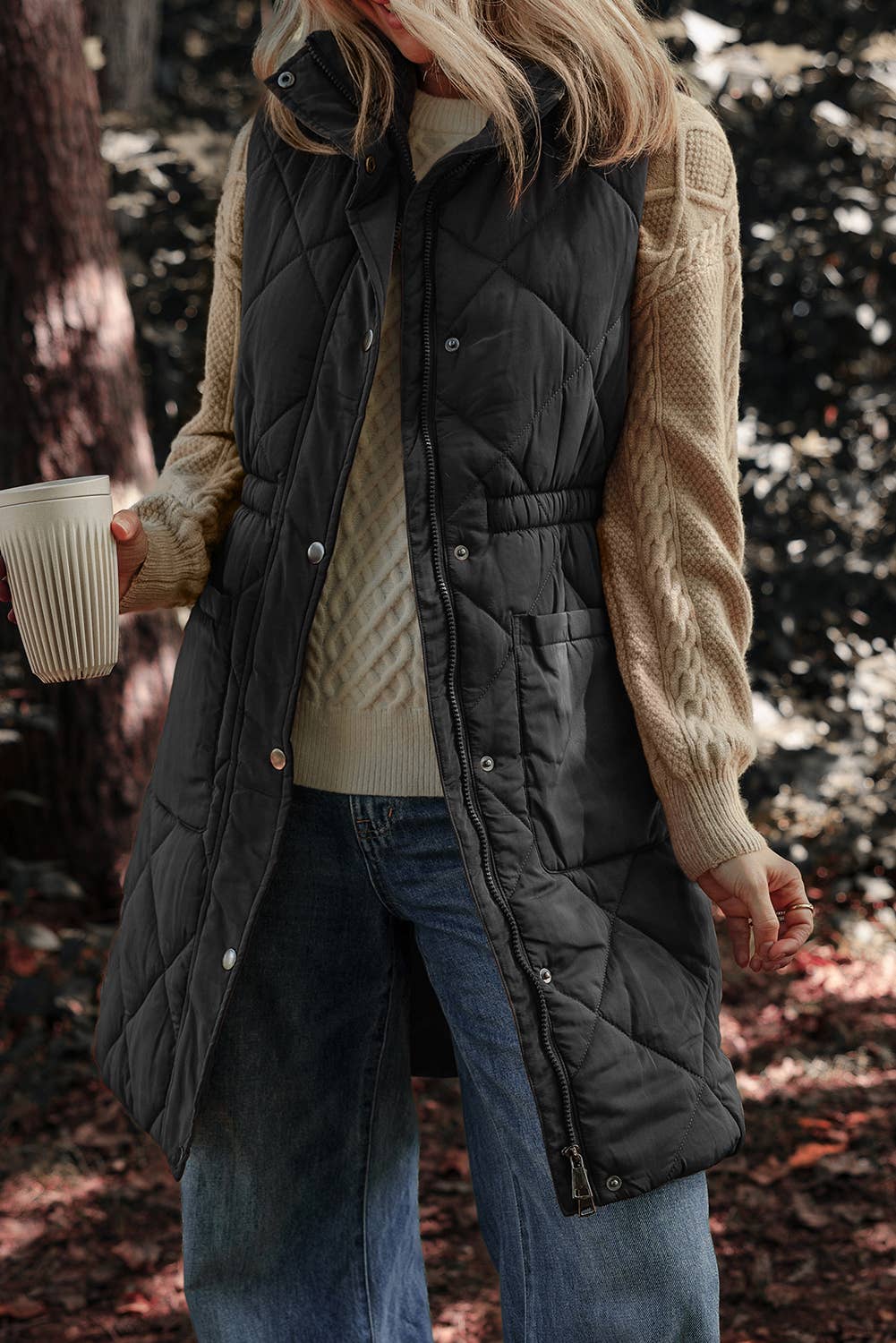 Long Before Us Longline Quilted Stand Collar Puffer Vest