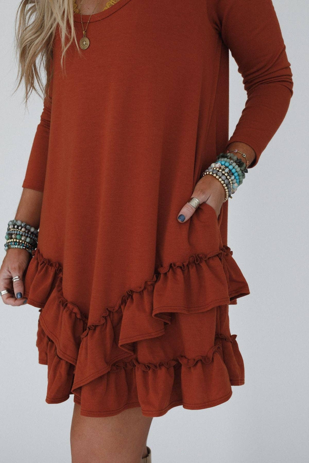 Constance Ruffle Hem Long Sleeve Dress - Metal Rust