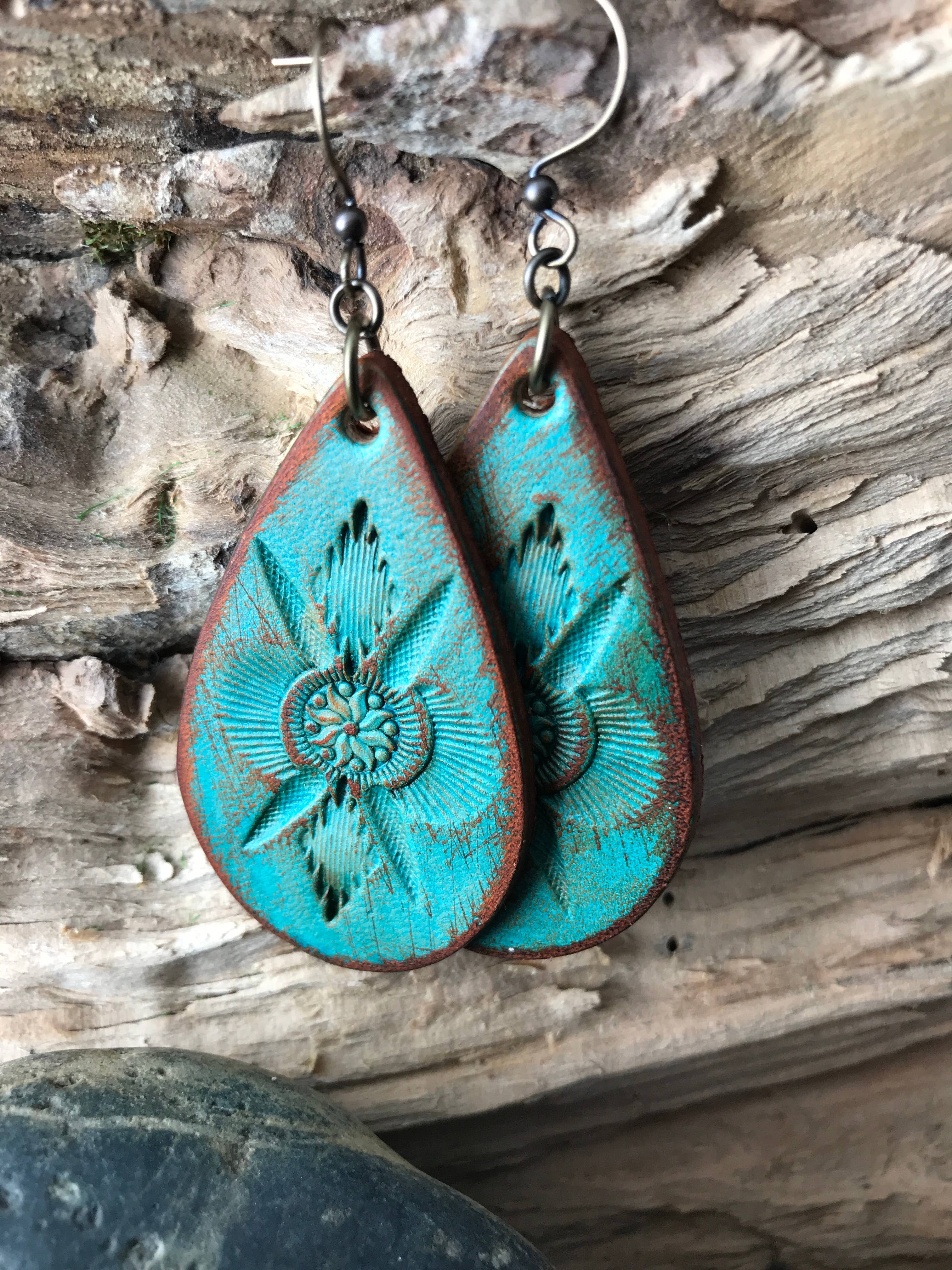 Fighting Uphill Turquoise Leather Teardrop Earrings