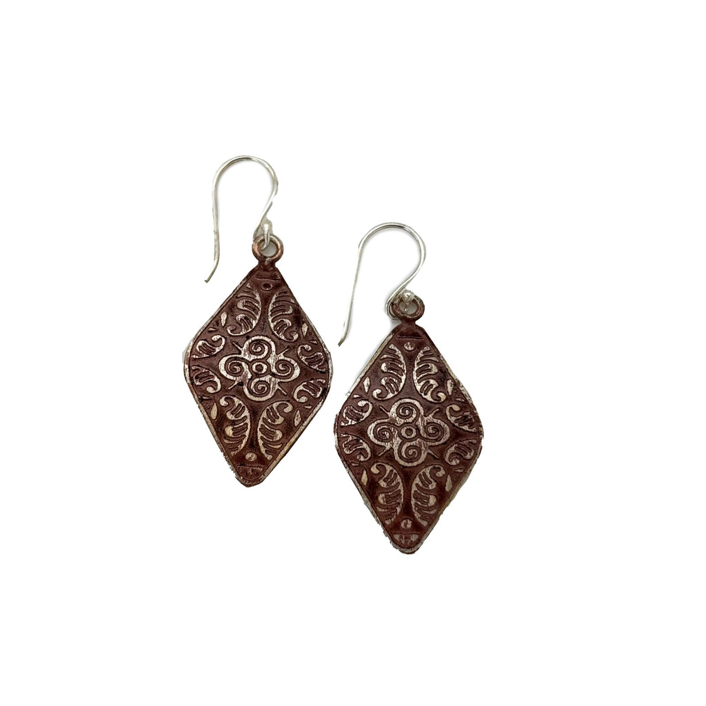 Handcrafted Silver Patina Burgundy Floral Earrings