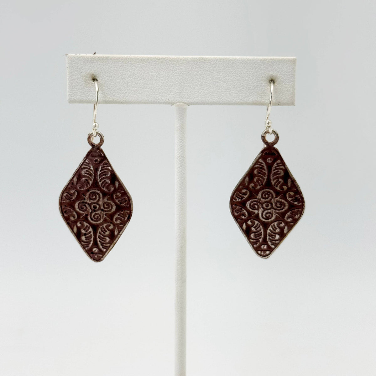 Handcrafted Silver Patina Burgundy Floral Earrings
