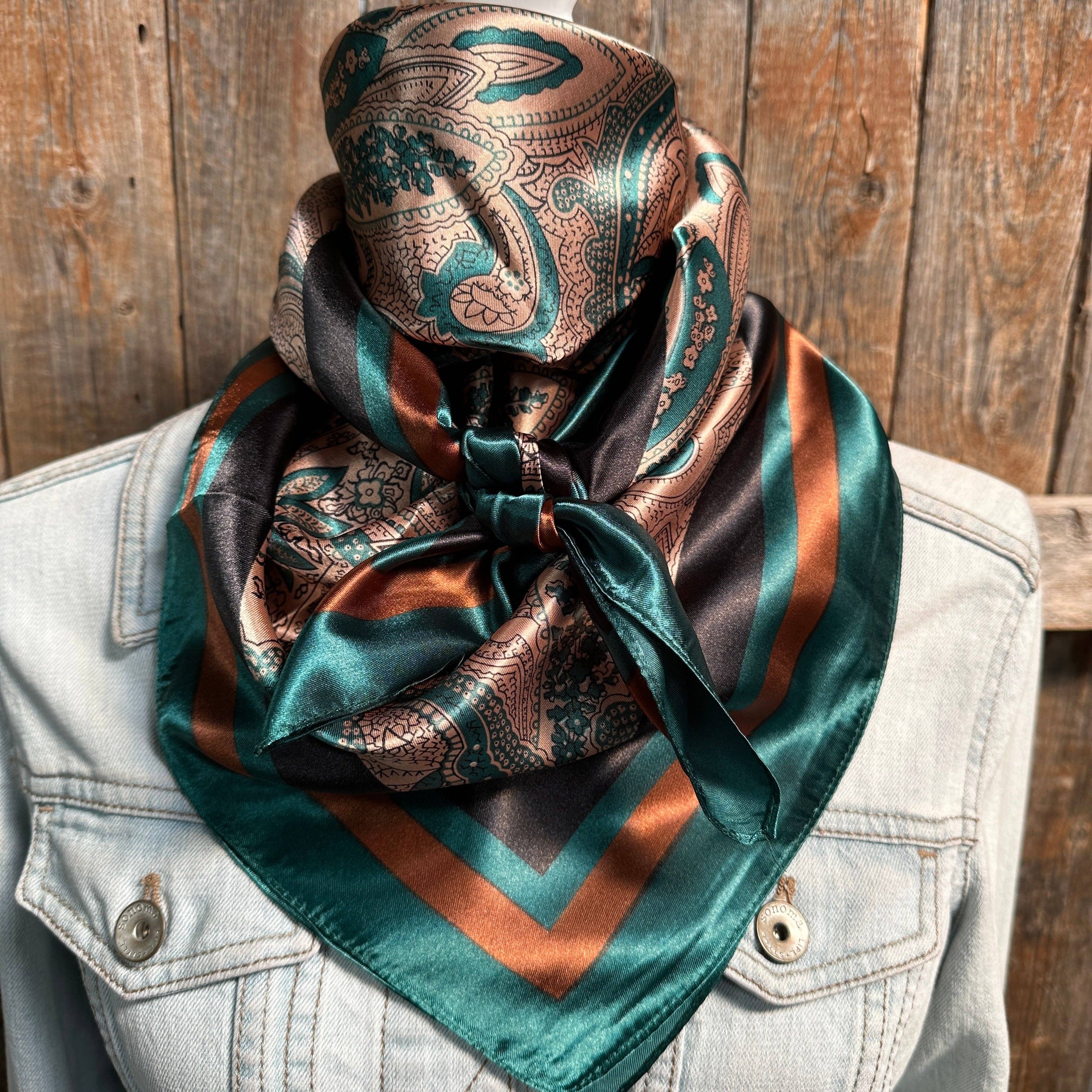 35X35" Emerald and Tan Paisley Wild Rag / Scarf WR1004