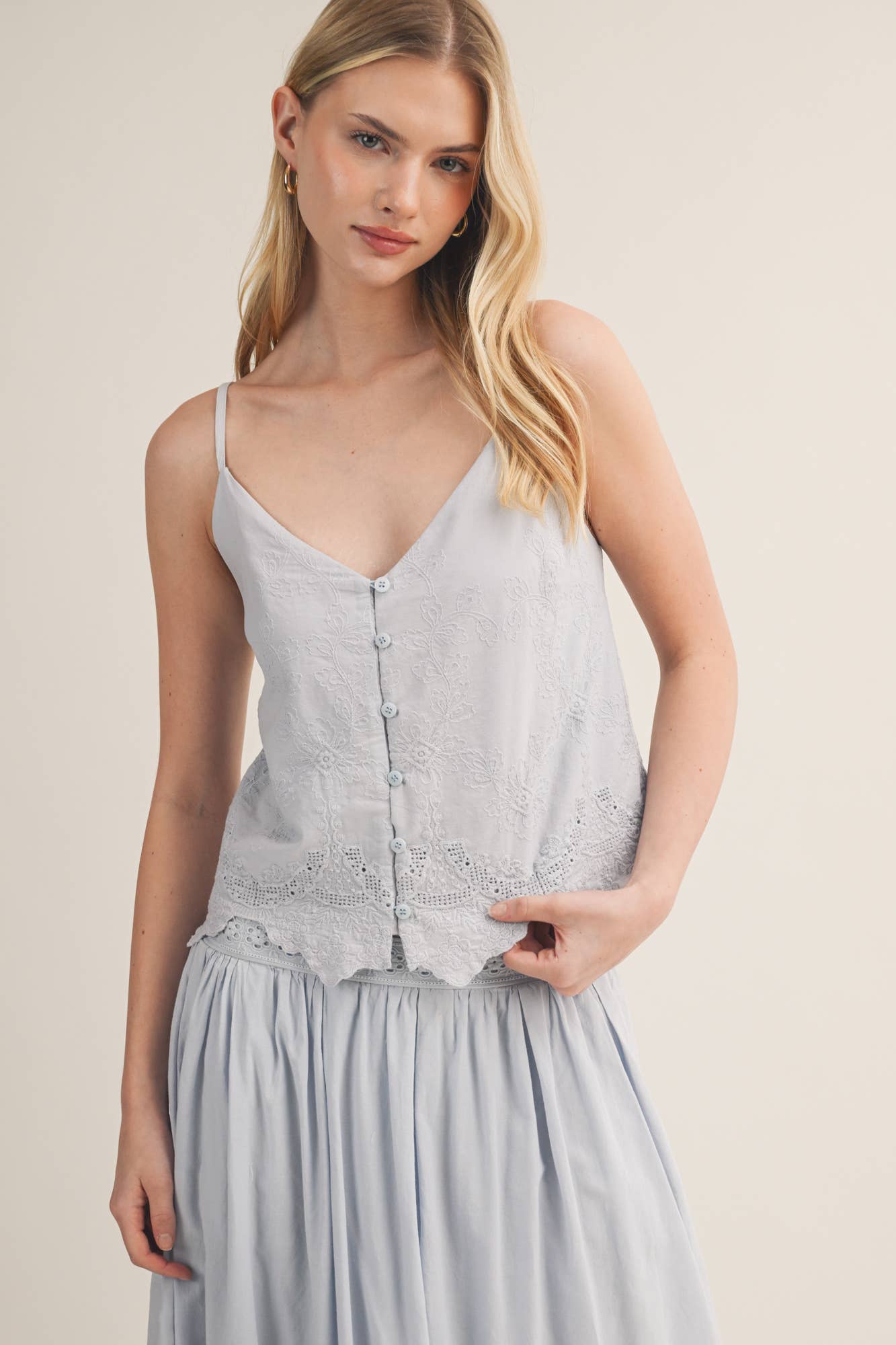 Think I’m in Love -Neck Eyelet Embroidered Button Camisole