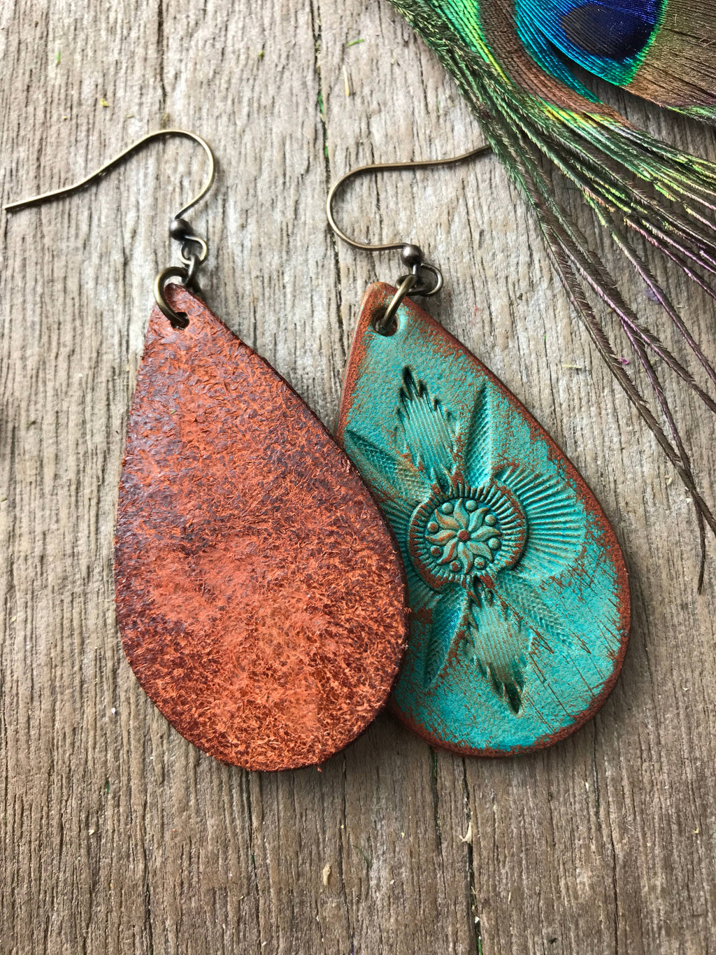 Fighting Uphill Turquoise Leather Teardrop Earrings