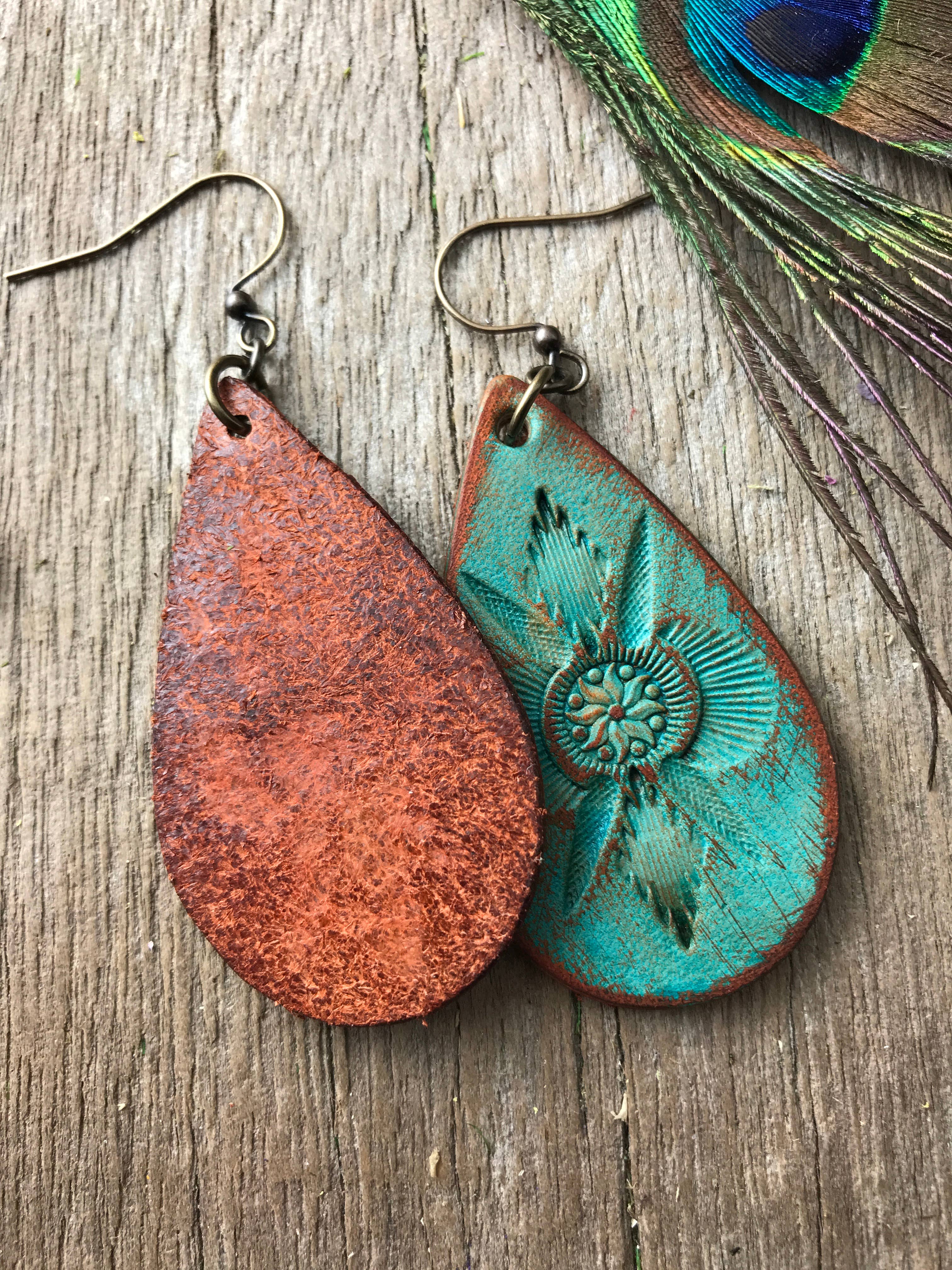 Fighting Uphill Turquoise Leather Teardrop Earrings
