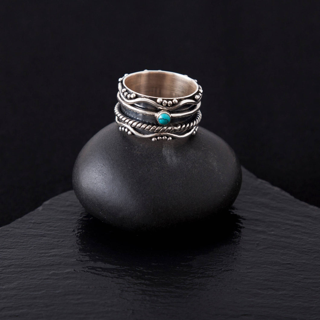 Blue on Black Oxidized Sterling Silver Spinner Ring w/ Turquoise